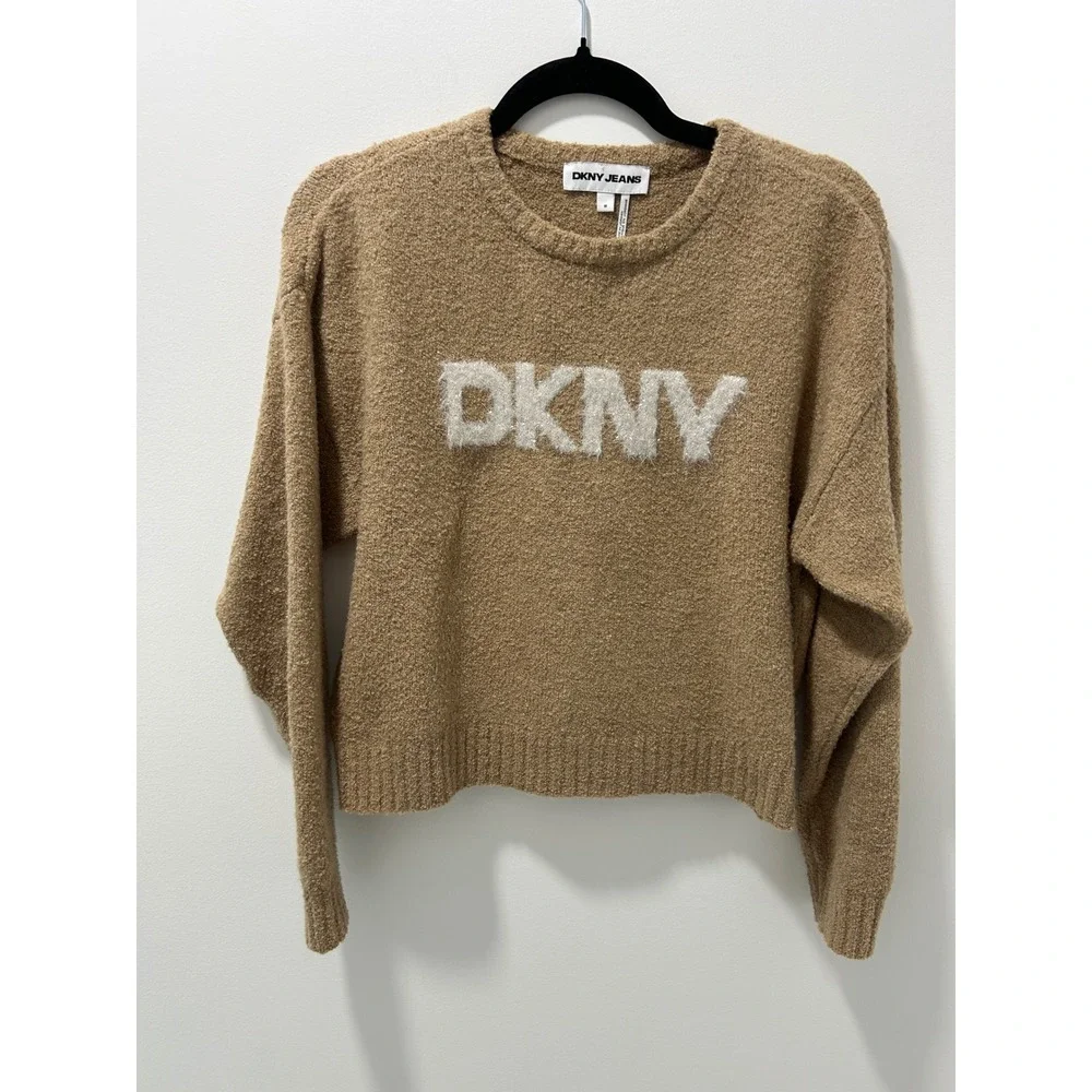 DKNY Jeans Womens Tan Boucle Knit Fuzzy Logo Crewneck Sweater Medium
